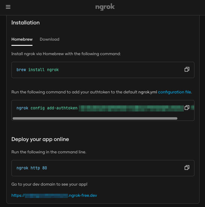ngrok dashboard showing the public URL
